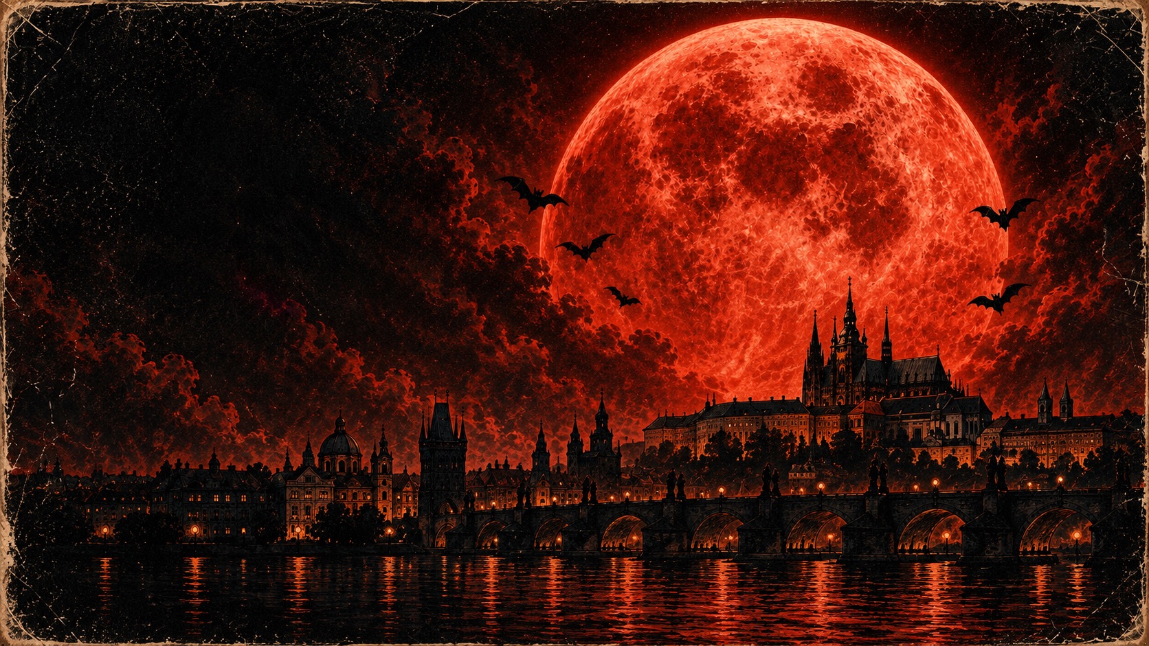 A blood-red moon over the Prague skyline at night